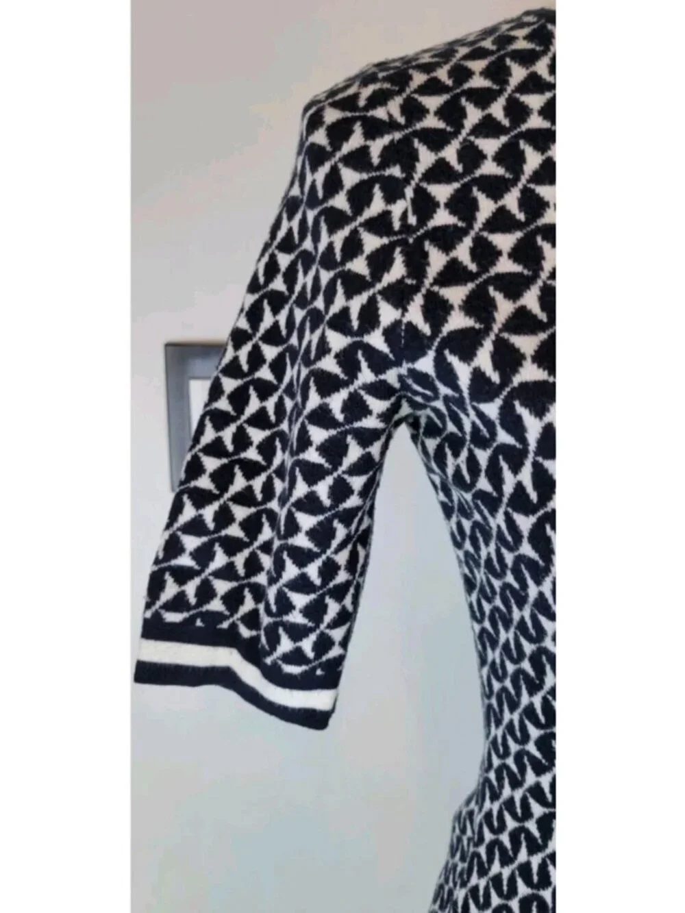 Boden Knit Sweater Dress Size 4 Navy White Geometric Jacquard Short Sleeve Pocke - Picture 6 of 12